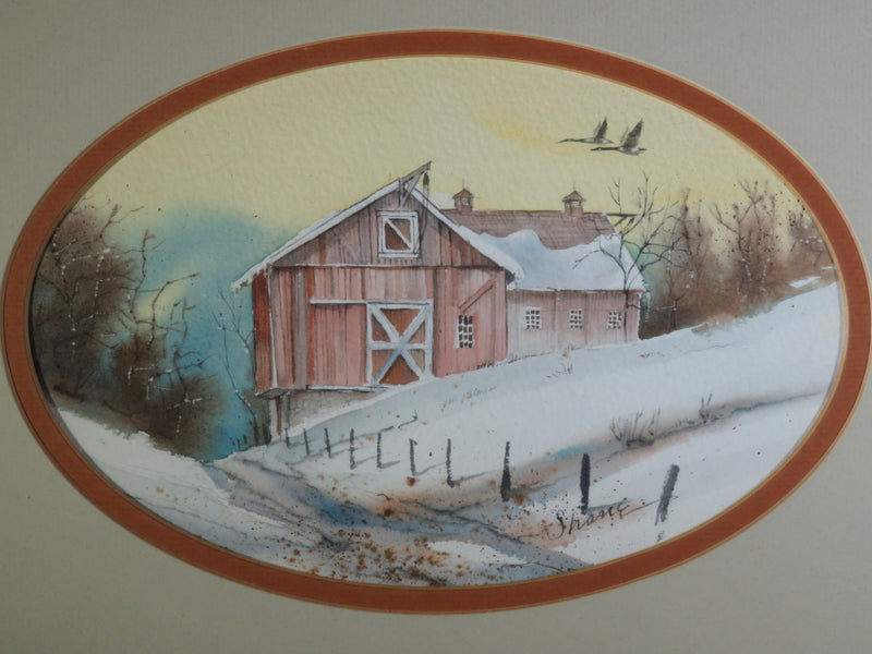 Winter Barn & Flying Canadian Geese Original Watercolor by Thomas C Green (Shane