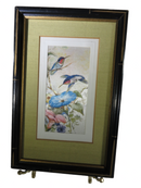 Painted Silk Flower & Hummingbird Scene in Bamboo Themed Frame By Fleck Brothers — Gold, Silver — front view