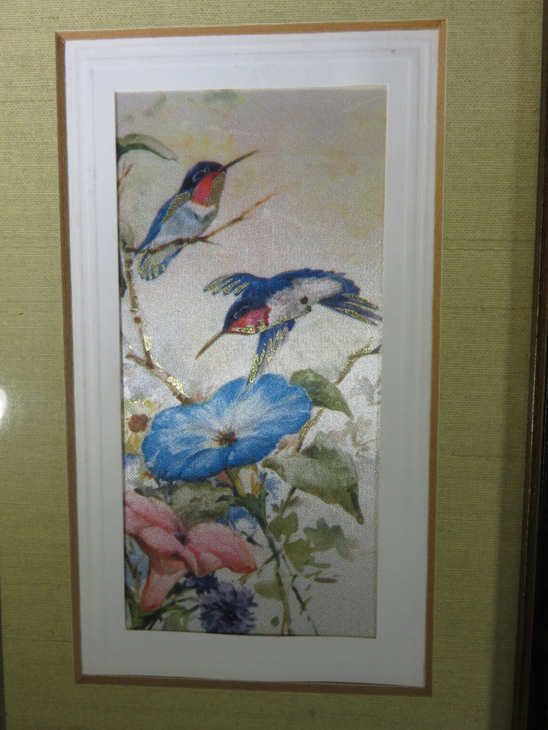 Painted Silk Flower & Hummingbird Scene in Bamboo Themed Frame By Fleck Brothers