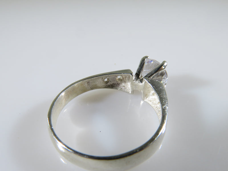 Nice Vintage CZ Solitaire with Accents Engagement Ring in Sterling Silver Settin