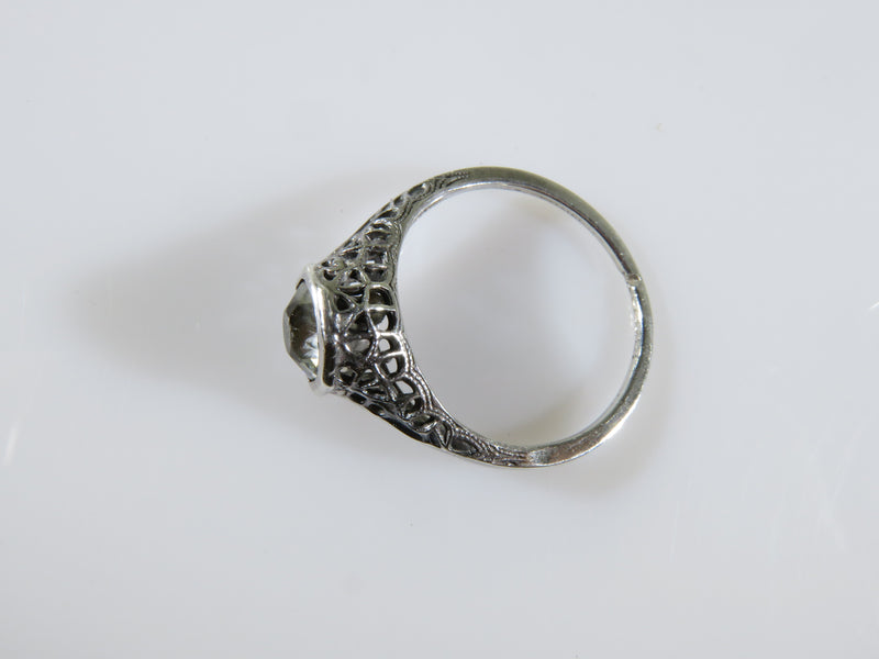 Vintage Sterling Pierced Filigree Ring Paste Solitaire Size 7 Art Deco Style