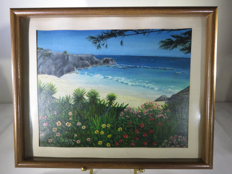 South Shore Cove Bermuda with Hibiscus, Oleander, Spanish Baynets Oil on Canvas 1993 Nell Ibsen