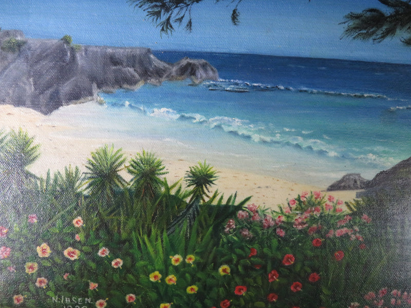 South Shore Cove Bermuda with Hibiscus, Oleander, Spanish Baynets Oil on Canvas 1993 Nell Ibsen