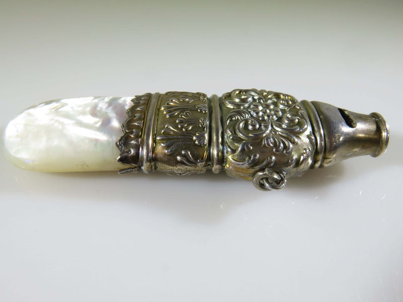 Antique Sterling Silver Baby Teething Whistle Rattle Mother of Pearl For Parts Restoration