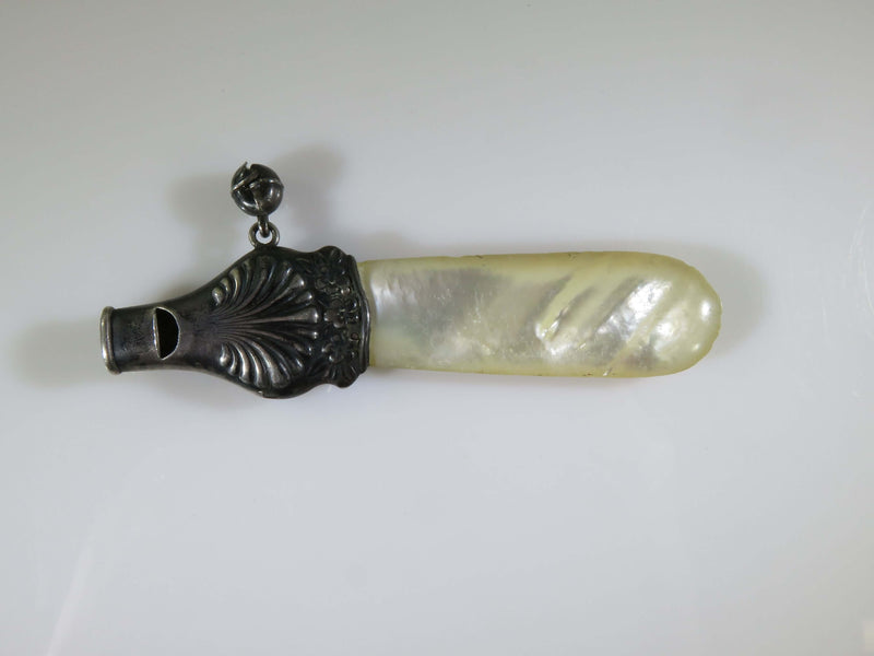 Antique Baby Teething Whistle Rattle Mother of Pearl Victorian Sterling Silver For Parts Restoration
