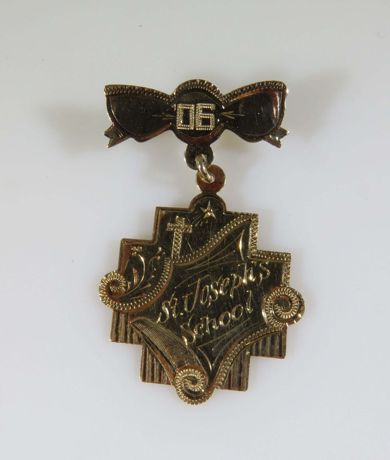 1906 10K Gold St Joseph's School Chamfered Medal Edwardian School Award Pin
