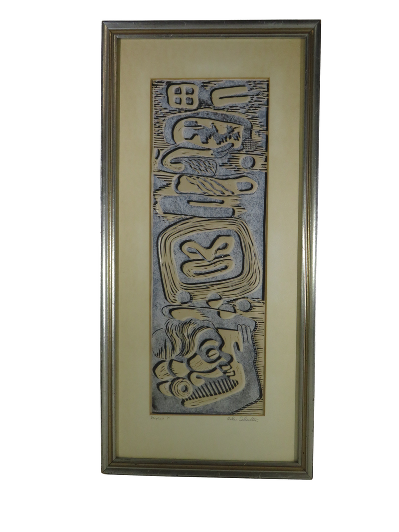 Vintage 1971 Mexico Artist Signed Mayan Aztec Inca Themed Woodblock 3 Color Print