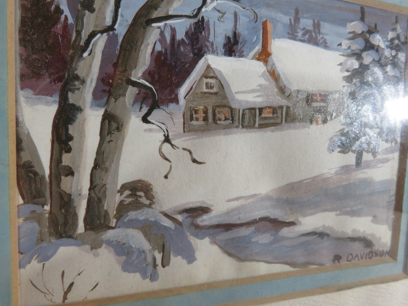 R Davidson Winter Scene Post Card Size Original Paintings Water & Oil 5" x 3 1/2"