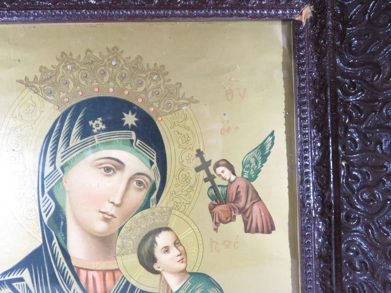 Antique Puccinelli Mother Mary & Jesus Lithograph in Original Antique Frame