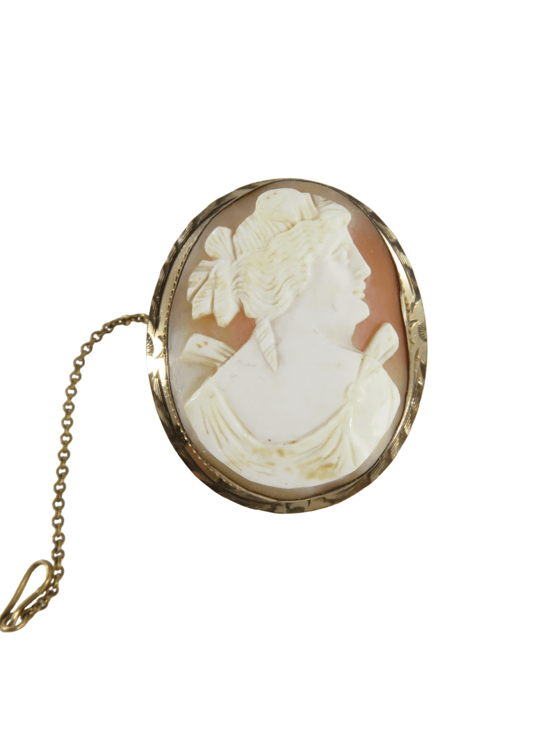 12K GF Vintage Right Facing Carved Shell Cameo Brooch Gold Filled Art Nouveau