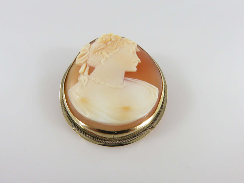 14K Gold Carved Shell Portrait Cameo Mid Century Right Facing Pendant Brooch