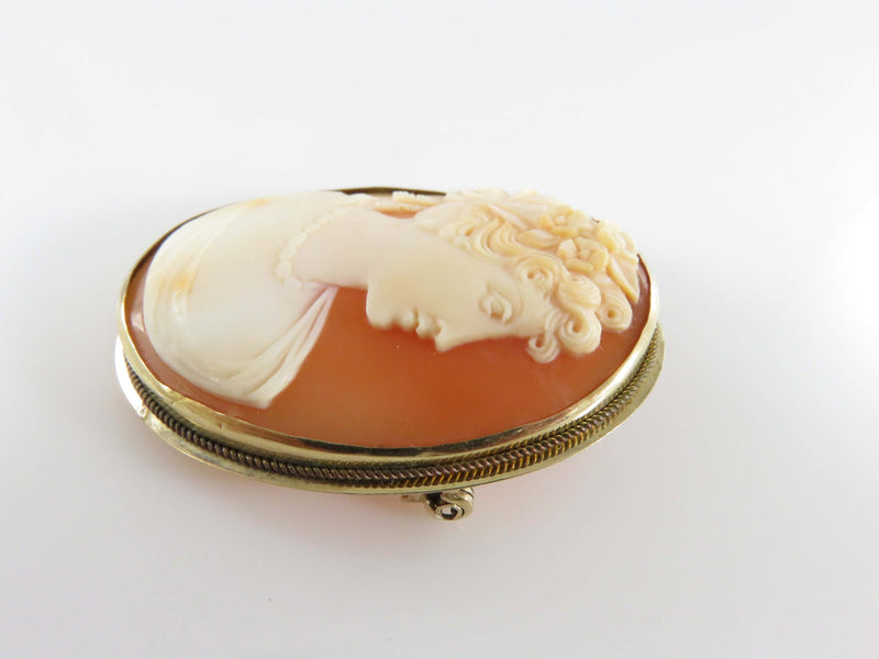 14K Gold Carved Shell Portrait Cameo Mid Century Right Facing Pendant Brooch