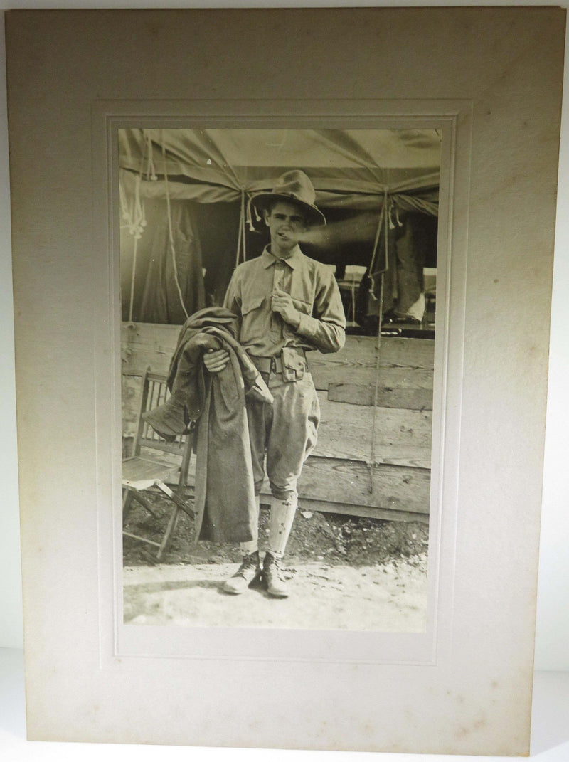 Circa 1918 WWI Camp Army Soldier Trench Coat Tent Pose Photo 14" x 10" - Just Stuff I Sell