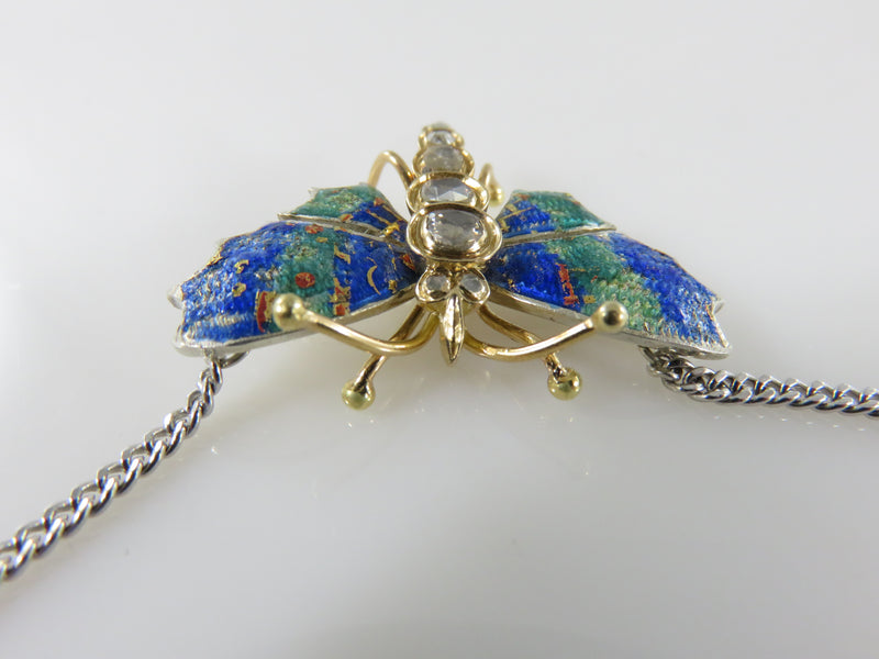 Victorian Enameled Rose Cut Diamond Butterfly Necklace Sterling 14K Gold