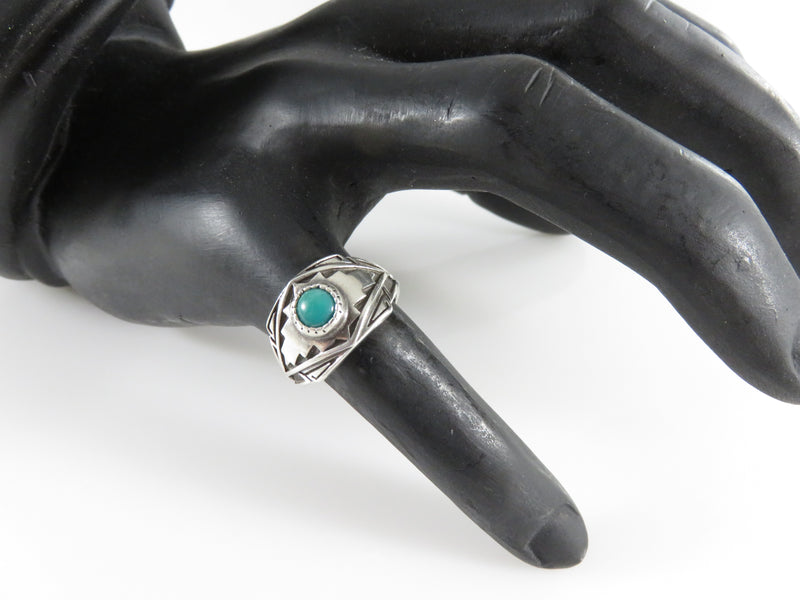 Vintage Turquoise Ring Sterling Silver Setting Southwestern Aztec Mexico Signed