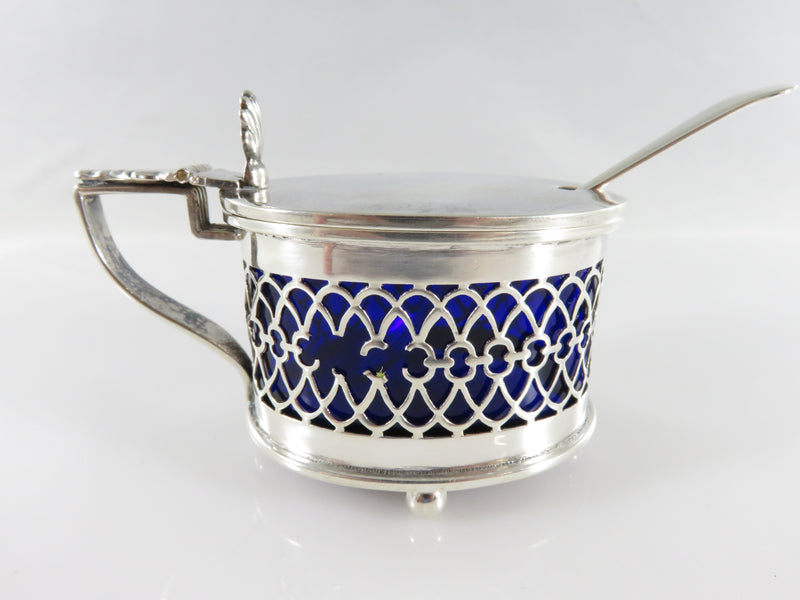 Sterling Silver & Cobalt Blue Glass Salt Cellar & Spoon c1900 Birmingham W.L & Co
