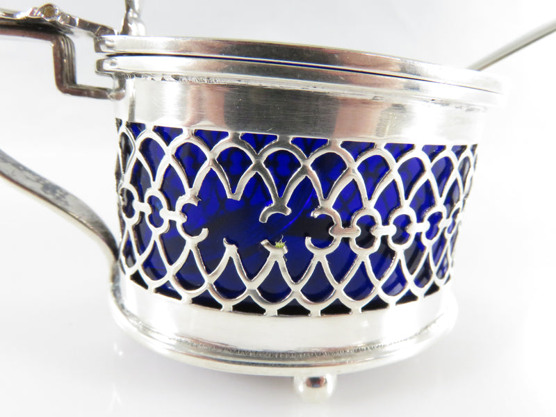 Sterling Silver & Cobalt Blue Glass Salt Cellar & Spoon c1900 Birmingham W.L & Co