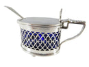 Sterling Silver & Cobalt Blue Glass Salt Cellar & Spoon c1900 Birmingham W.L & Co