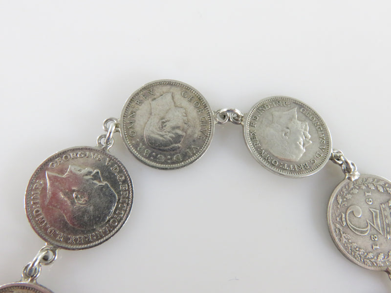 WW2 English Sterling Silver 3 Pence Coin Charm Sweetheart Forget Me Not Bracelet