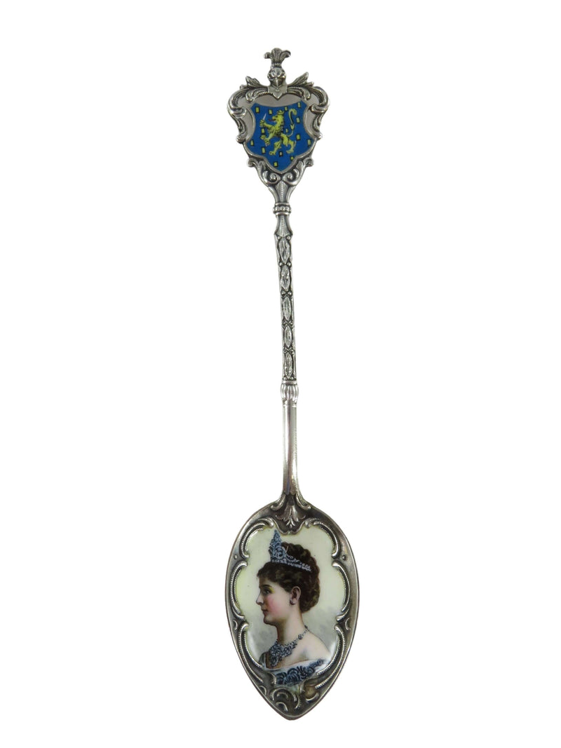 800 Silver Hand Painted Enamel Portrait Queen Wilhelmina Netherlands Spoon 5"
