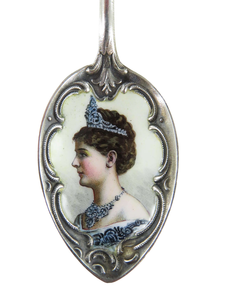 800 Silver Hand Painted Enamel Portrait Queen Wilhelmina Netherlands Spoon 5"