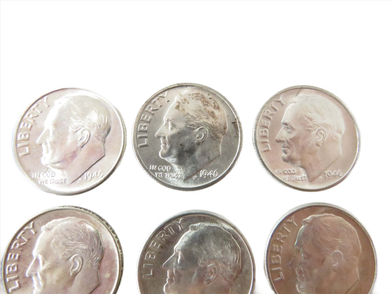 10 x AU to BU 1946 Random PDS Roosevelt Silver Dimes 90% Silver Dimes. Close up view.