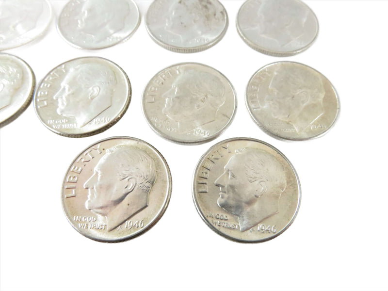 10 x AU to BU 1946 Random PDS Roosevelt Silver Dimes 90% Silver Dimes. Close up view.