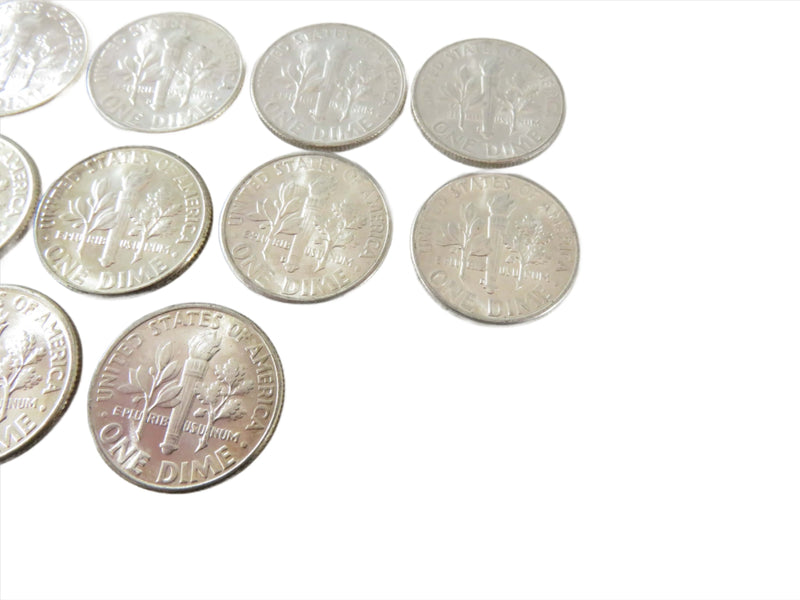 10 x AU to BU 1946 Random PDS Roosevelt Silver Dimes 90% Silver Dimes. Back view close up.