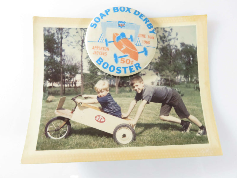 Appleton Jaycees Soap Box Derby Booster Button June 16th 1968 with Soap Box Photo