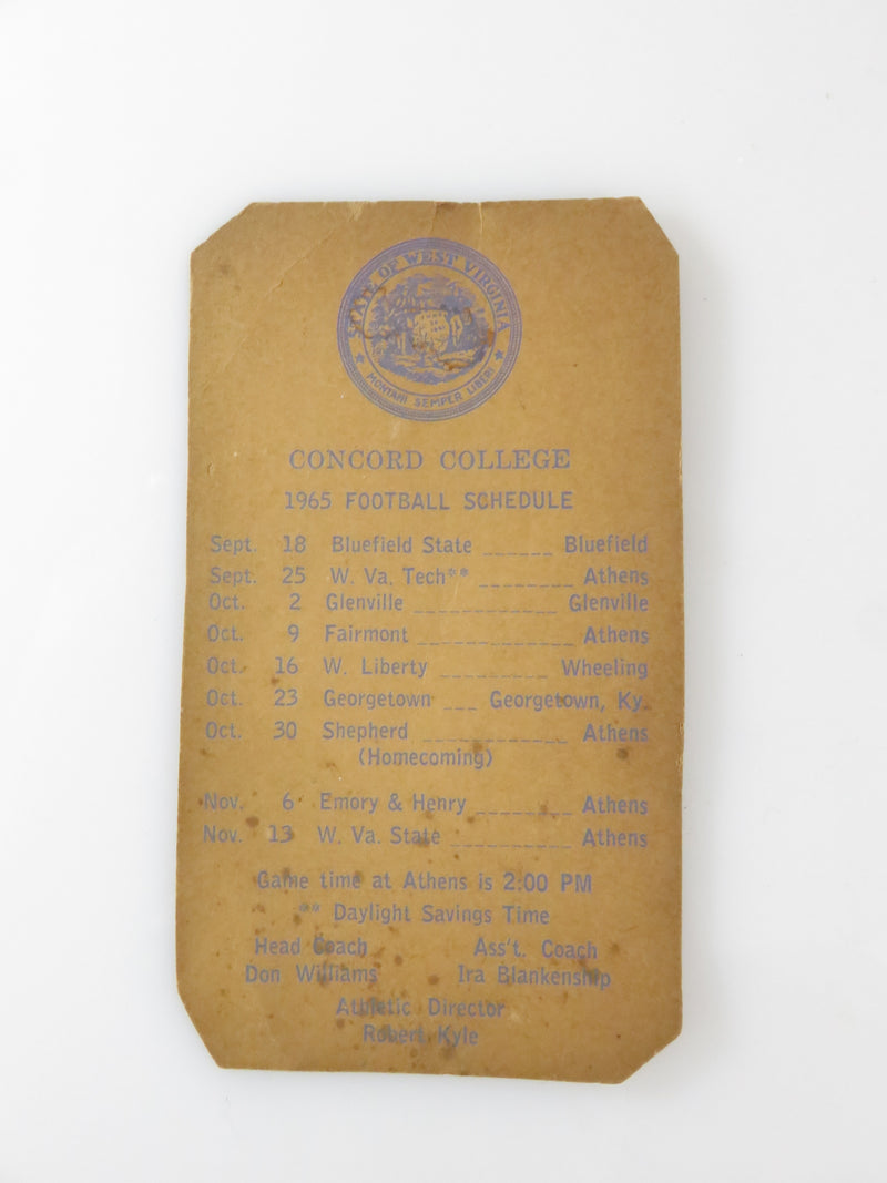 Rare 1965 Concord College West Virginia Football Schedule Advertising Card