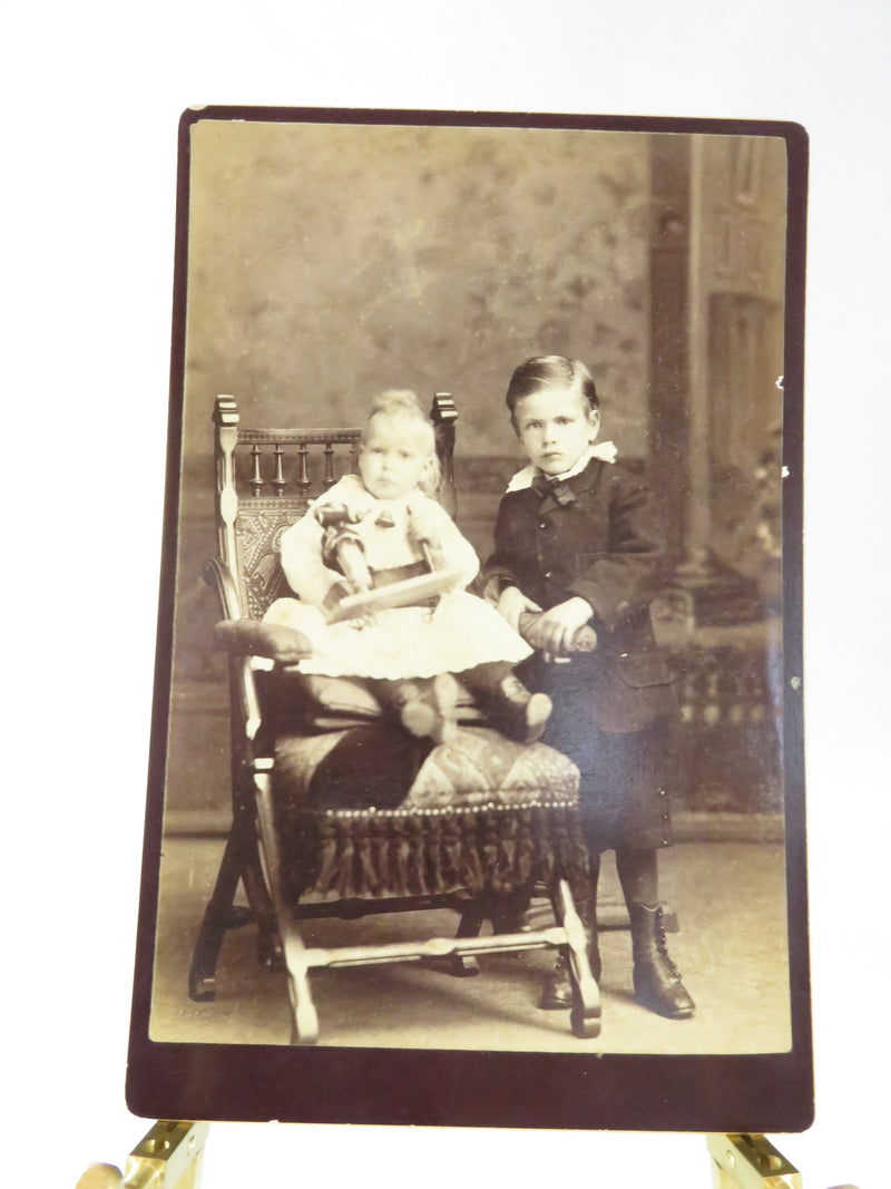 Siblings Childrens Pull Toy Cabinet Card Photograph The Anderson Studio Charleston SC