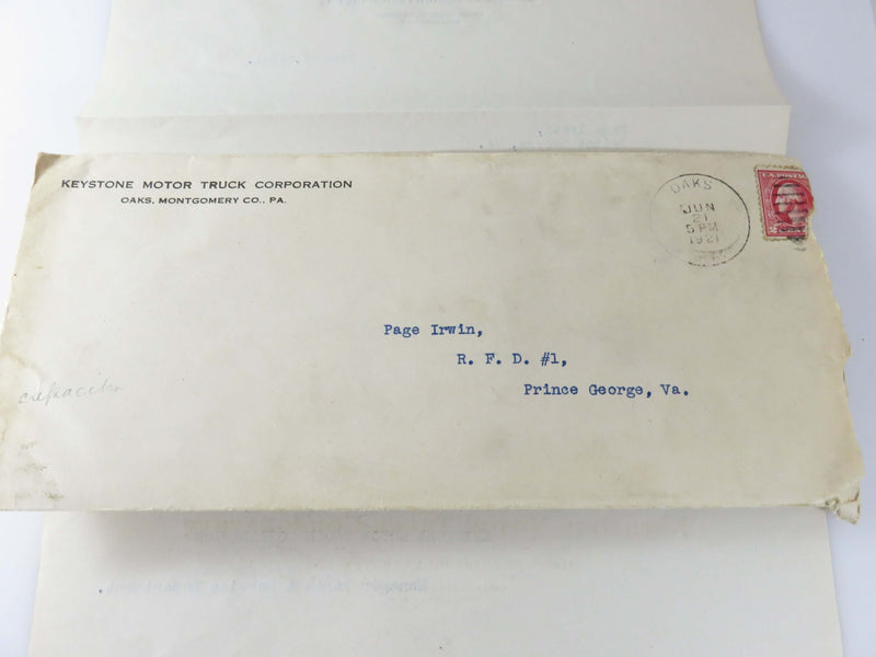 1921 Keystone Motor Truck Corporation Oaks, Montgomery Co. PA Original Letter & Envelop