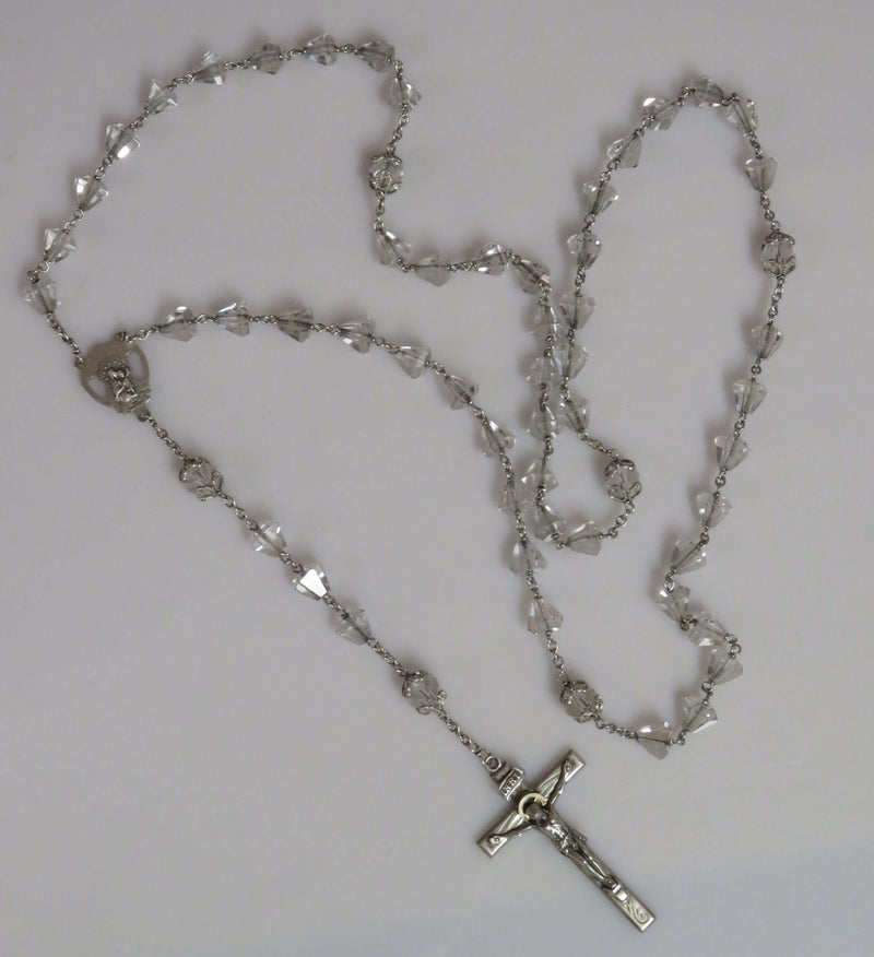 HMH Sterling Rosary Necklace 24 1/2" Vintage WW2 Era 8mm Crystal Glass Beads Silver Caps
