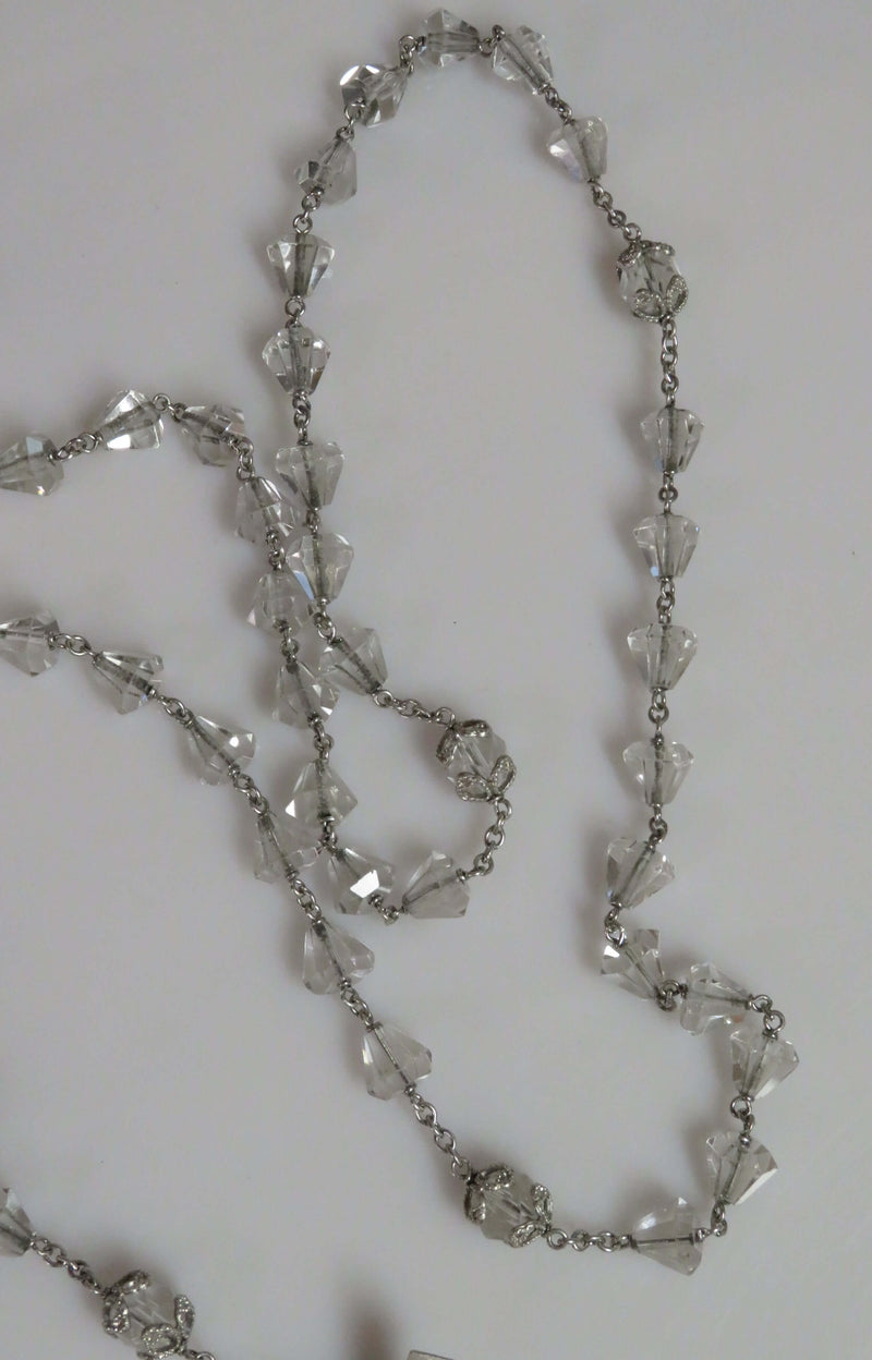 HMH Sterling Rosary Necklace 24 1/2" Vintage WW2 Era 8mm Crystal Glass Beads Silver Caps