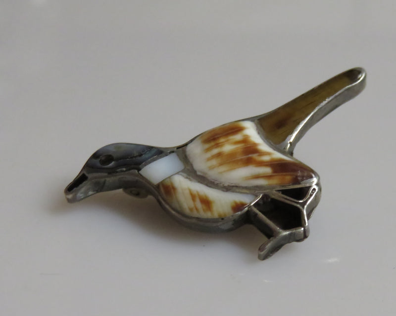 Vintage Sterling Silver Bird Pin Lapel Pin Shell & Mother of Pearl 1 3/8"