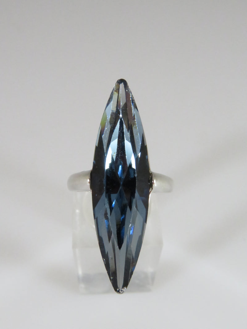 Sterling Silver Designer Ring FD 925 Aquamarine Glass Navette Statement Ring Size 6.75