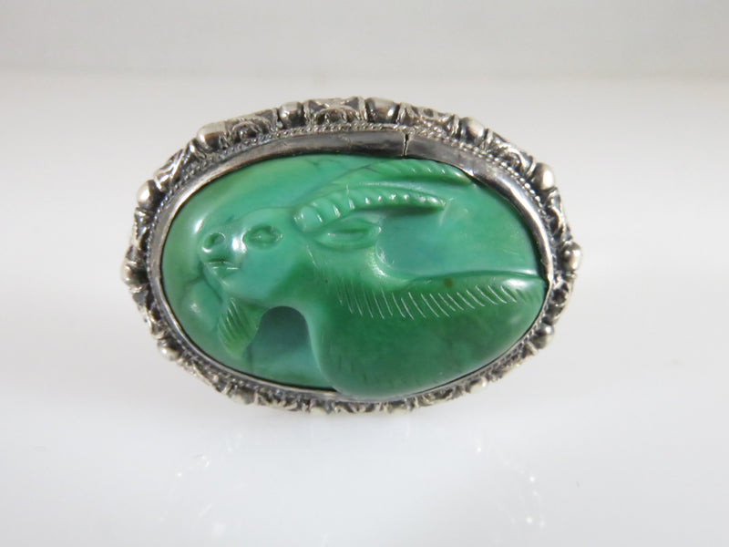 Vintage & Unique Year of The Goat Circa 1931/43 Green Glass Sterling Chinese Ring Size 6