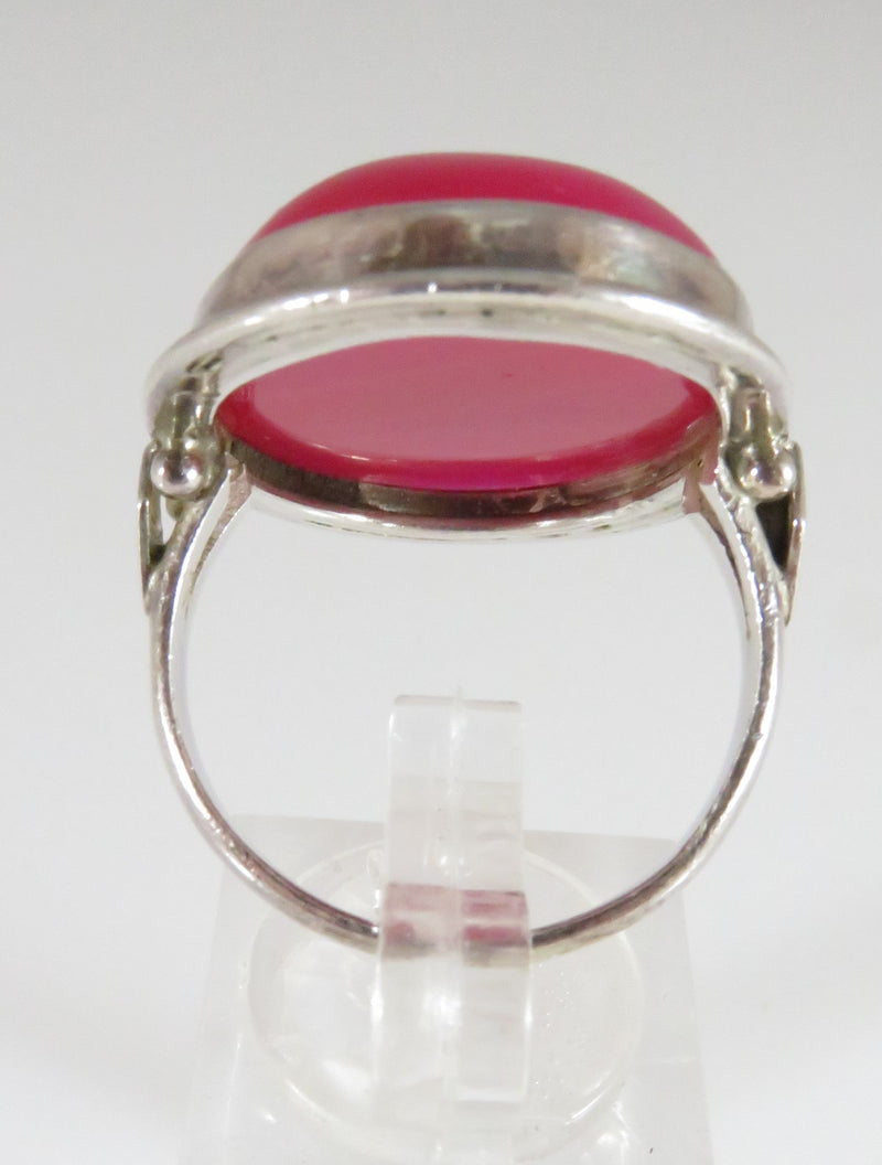 Sterling Silver Cabochon Pink Banded Stone Statement Ring Unisex Size 10.5