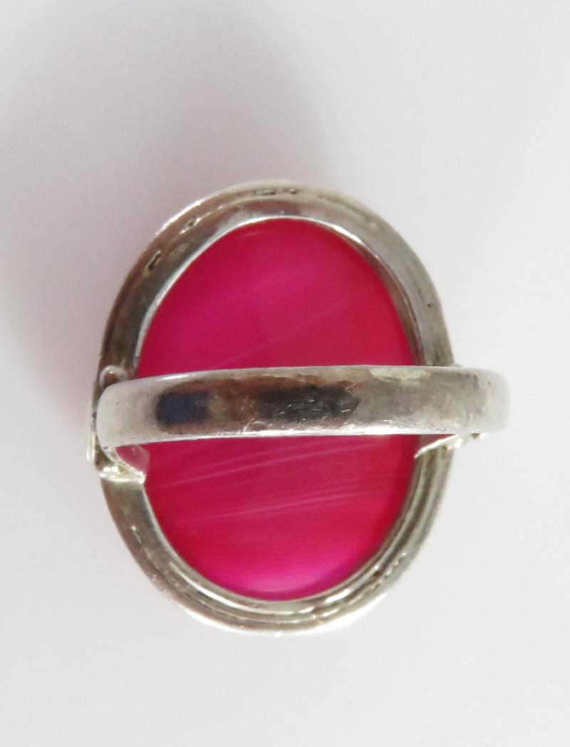 Sterling Silver Cabochon Pink Banded Stone Statement Ring Unisex Size 10.5