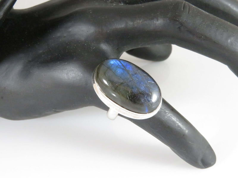 Artisan Stylish Sterling Blackish Reflective Blue Cabochon Statement Ring Size 8.5
