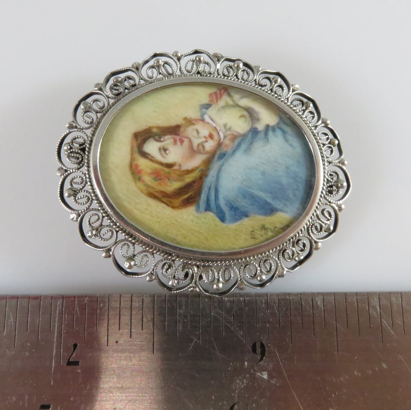 Old Hand Painted Miniature Madonna of the Streets 800 Silver Pendant Brooch