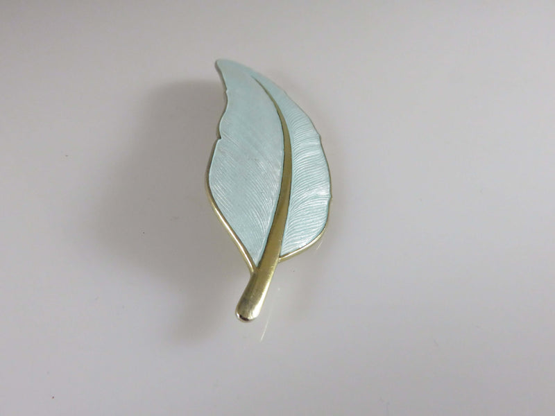 Designer Green Enameled Sterling Feather Brooch Gilded Silver by Viggo Pedersen Norway