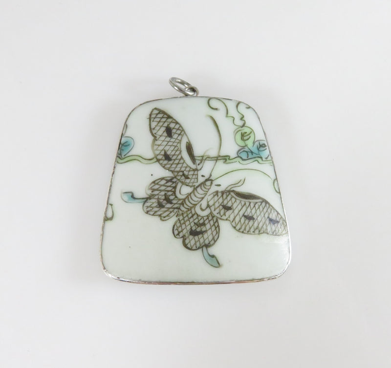 Sterling Silver Wrapped Butterfly Decorated Pottery Shard Style Pendant