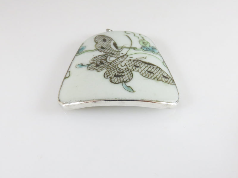 Sterling Silver Wrapped Butterfly Decorated Pottery Shard Style Pendant