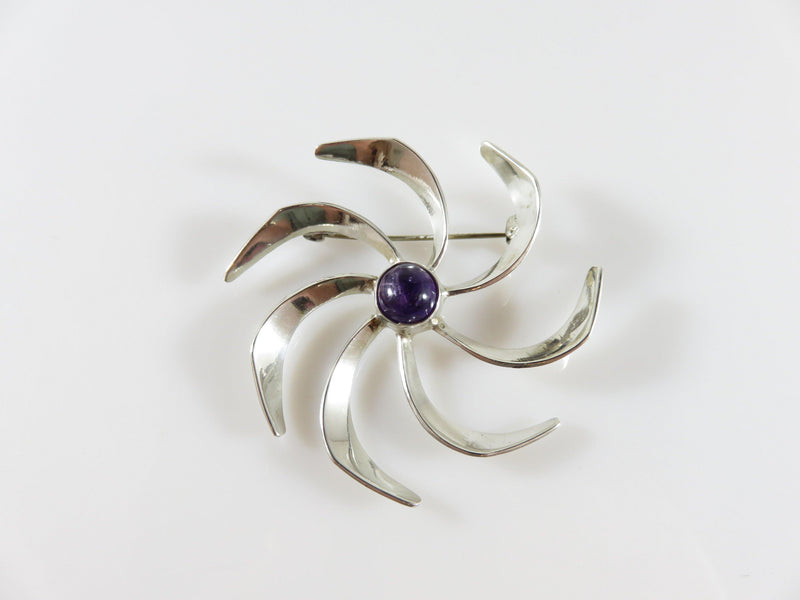 Taxco Mexico Vintage Modernist Pinwheel Cabochon Amethyst Sterling JH Brooch - Just Stuff I Sell