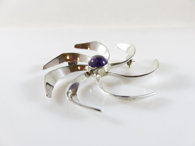 Taxco Mexico Vintage Modernist Pinwheel Cabochon Amethyst Sterling JH Brooch - Just Stuff I Sell