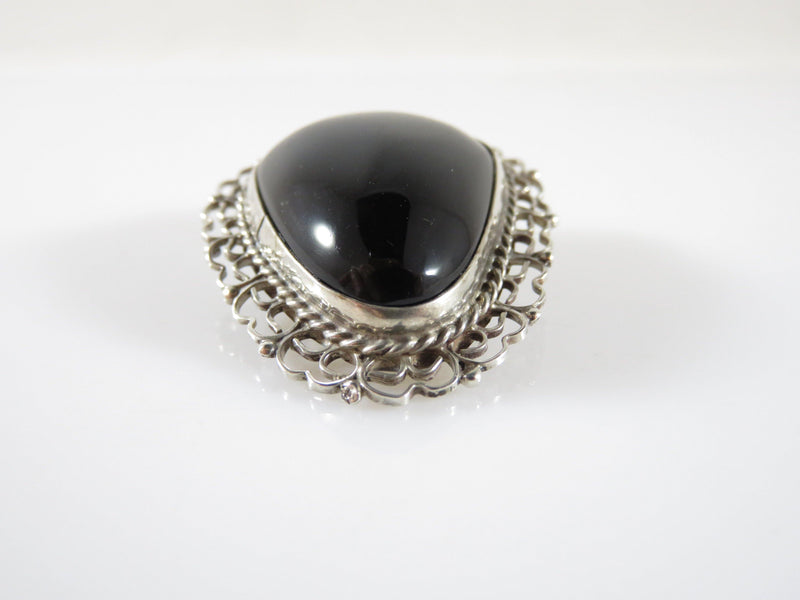 Vintage Polished Onyx Sterling Filigree Artisan Pendant Brooch Taxco Mexico - Just Stuff I Sell