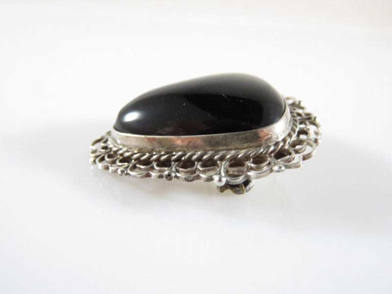 Vintage Polished Onyx Sterling Filigree Artisan Pendant Brooch Taxco Mexico - Just Stuff I Sell