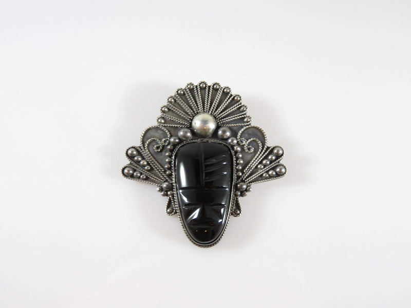 Large Vintage Mexico Taxco Black Onyx Sterling Silver Mask Brooch Pin - Just Stuff I Sell