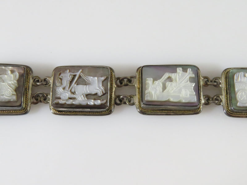 Vintage Carved Mother of Pearl Greek Gods Chariot Panel Bracelet in 800 Silver 7"
